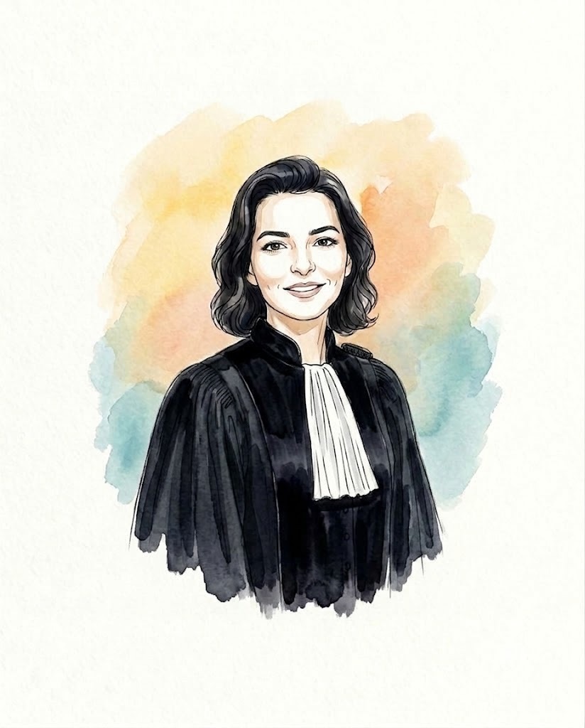 Portrait aquarelle de Maître Camille Hamonet en robe d'avocate