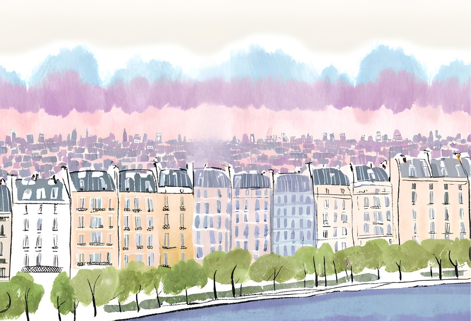 Illustration des immeubles parisiens en aquarelle